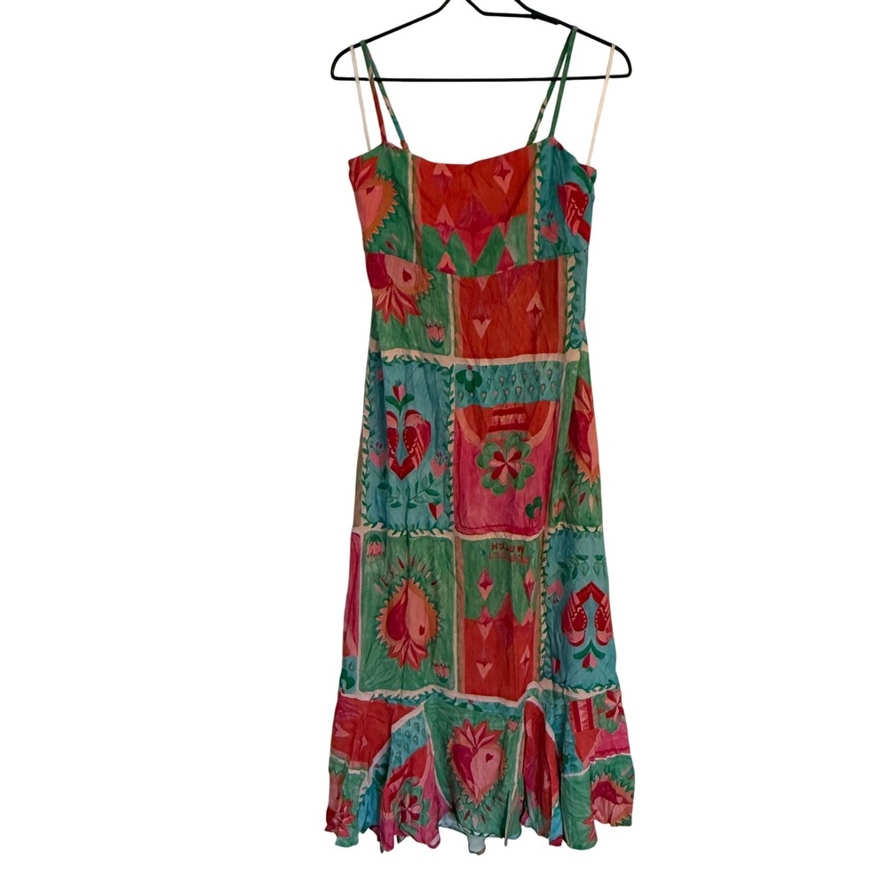 Paper Heart Tarot Midi Dress Multicolor Patchwork Heart Print Size L NEW